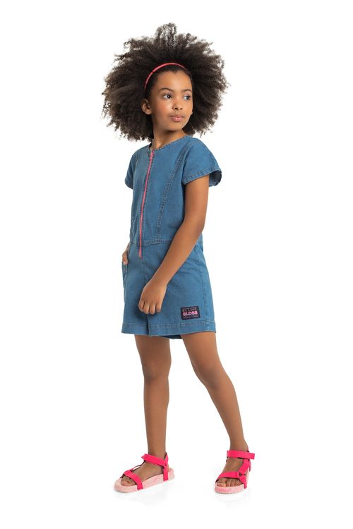 Macaquinho Manga Curta em Jeans Infantil (Azul) Gloss