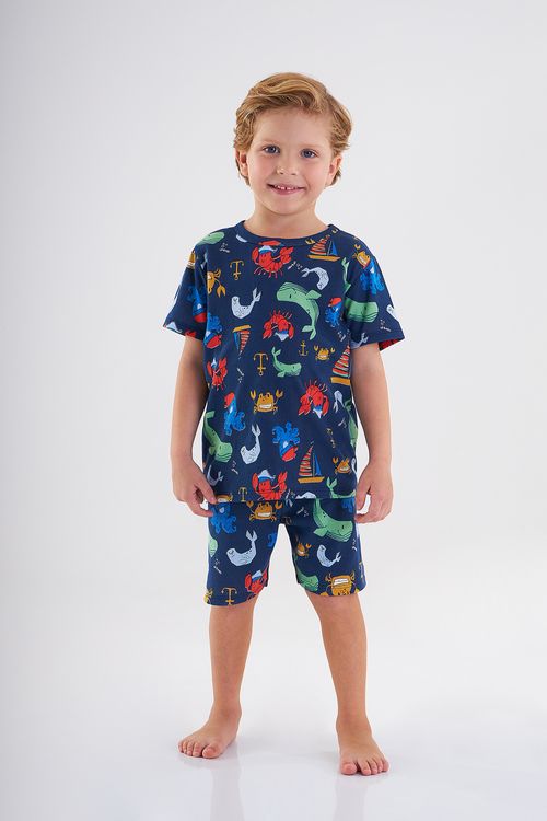 Pijama Menino Camiseta E Bermuda Estampada (Azul) Up Baby
