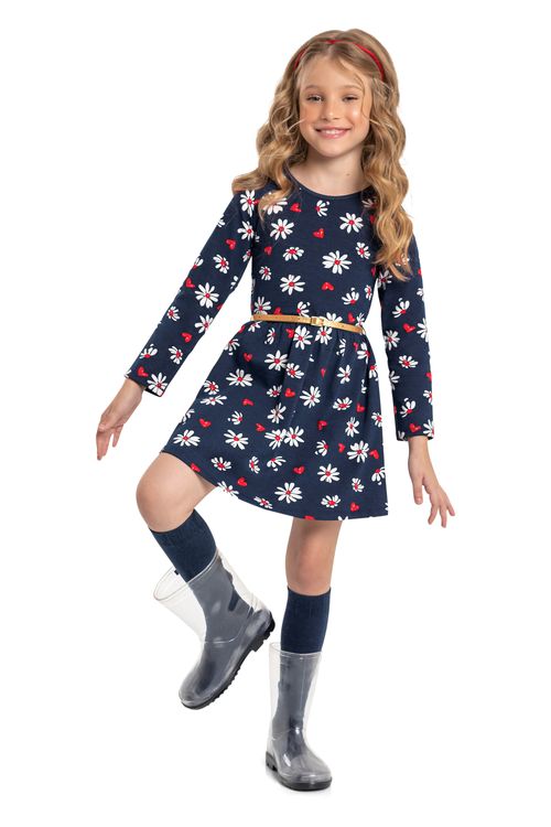 Vestido manga longa Infantil em Cotton (Azul) Bee Loop