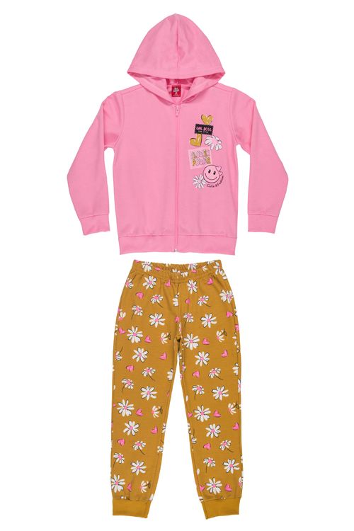 Conjunto Feminino Infantil com Jaqueta e Calça em Moletom (Rosa) Bee Loop