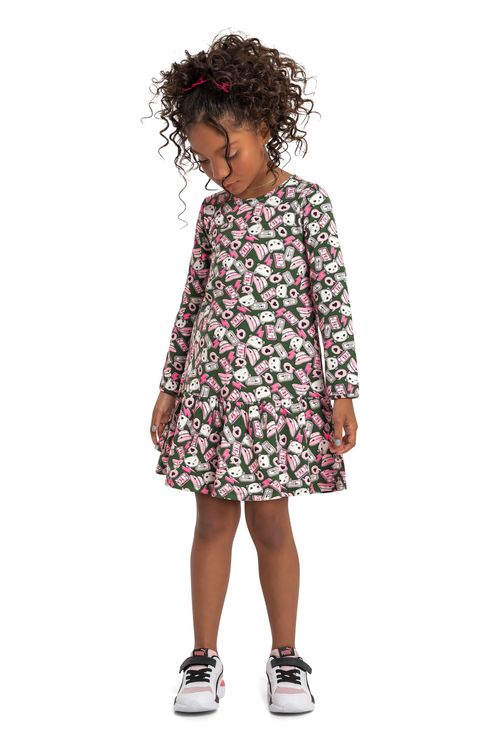 Vestido Manga Longa Infantil em Cotton (Verde) Bee Loop