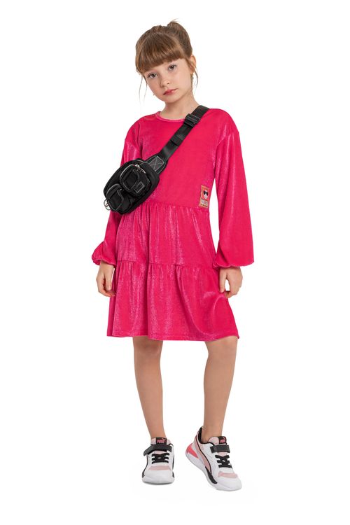 Vestido Midi Manga Longa Infantil em Malha Veludo (Rosa Pink) Gloss