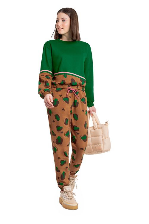 Conjunto Feminino com Blusão em Moletom e Calça em Molecotton Infantil (Verde Escuro) Gloss