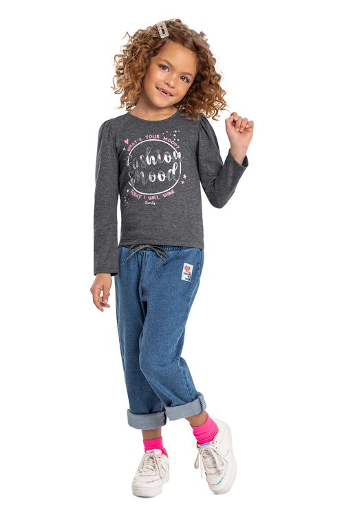 Blusa Infantil Manga Longa em Cotton (Cinza Escuro) Quimby