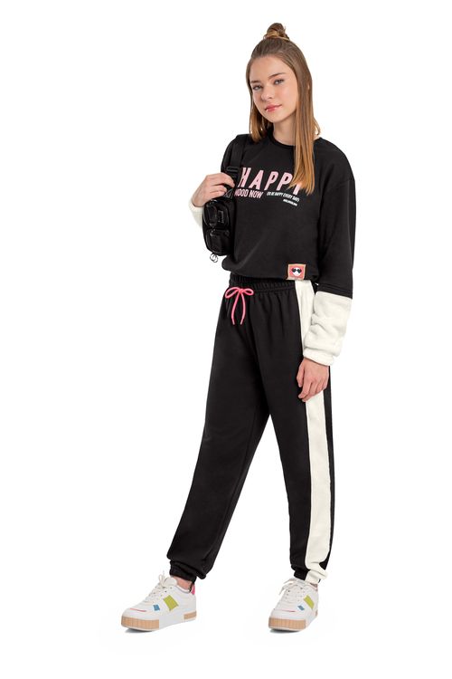 Conjunto Infantil para Meninas com Blusão e Calça de Moletom (Preto) Gloss