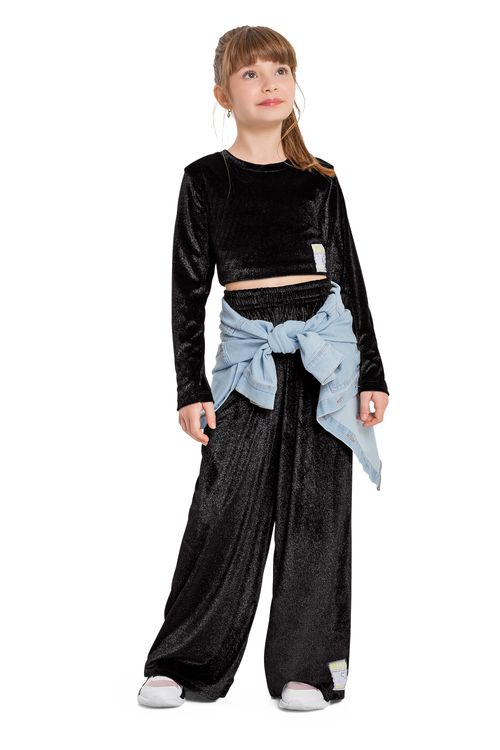 Blusa Cropped em Malha Veludo Infantil (Preto) Gloss