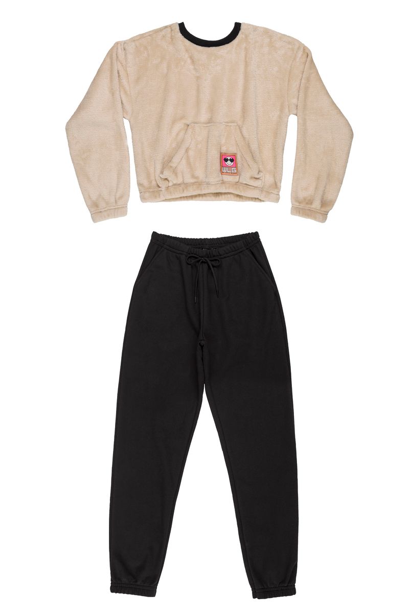 Gloss---Conjunto-Juvenil-para-Meninas-com-Blusao-Cropped-e-Calca-em-Moletom-Bege
