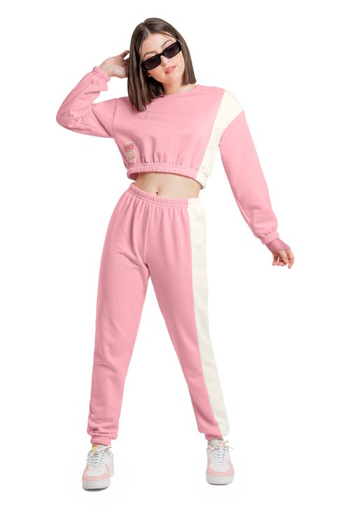 Conjunto com Blusão Cropped e Calça em Moletom Juvenil (Rosa) Gloss