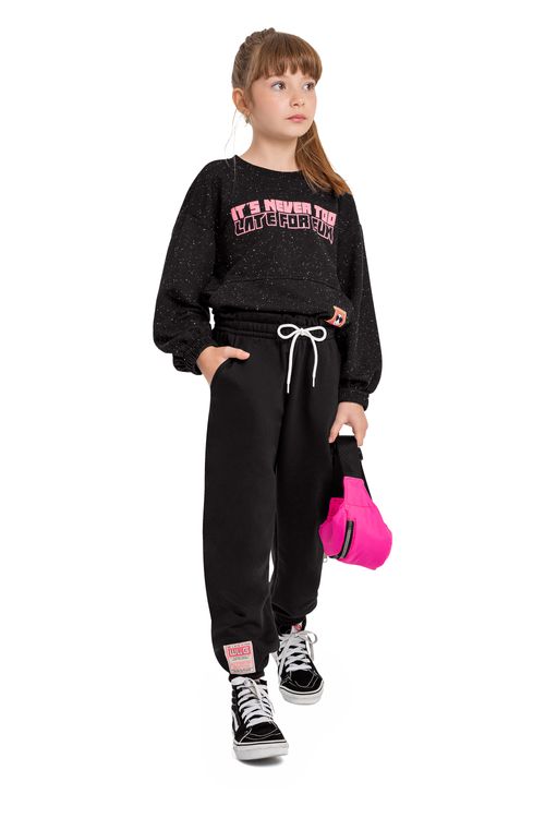 Calça Clochard em Moletom Juvenil para Menina (Preto) Gloss