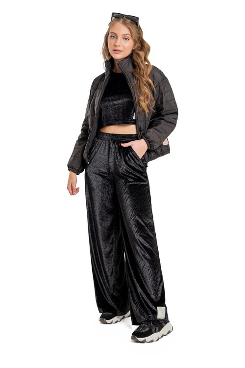 Calça Wide Leg em Malha Veludo para Menina (Preto) Gloss