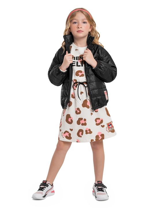 Jaqueta Puffer em Tecido Matelassê Infantil para Menina (Preto) Gloss
