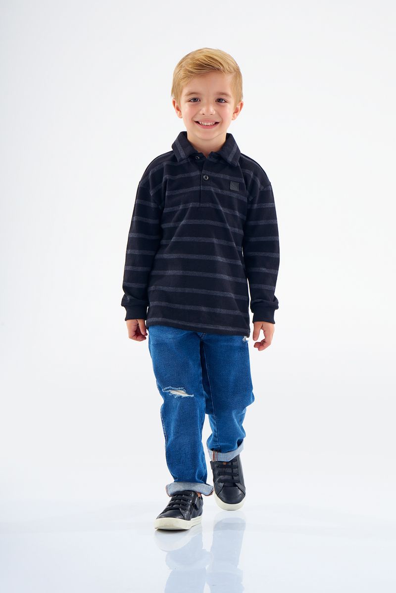 Up-Baby---Polo-Manga-Longa-em-Malha-Listrada-Texturizada-Infantil-Masculino-Preto