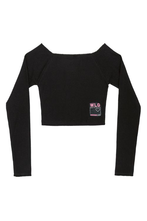 Blusa Cropped Juvenil em Ribana Canelada (Preto) Gloss