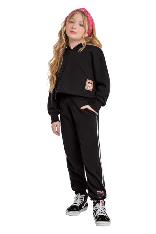 Blusão Cropped com Capuz Juvenil para Menina (Preto) Gloss