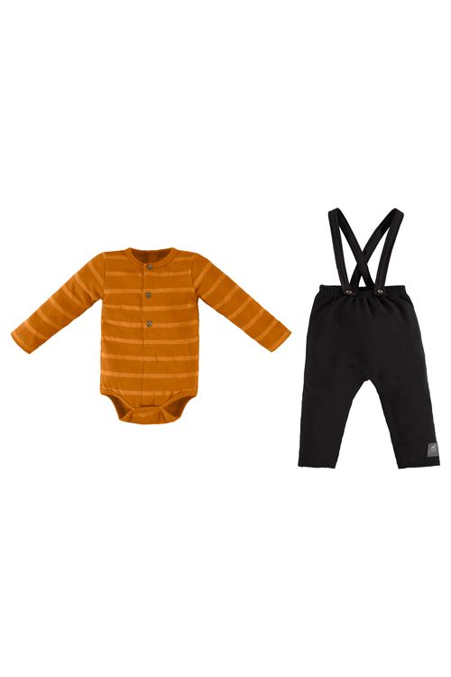 Conjunto com Jardineira e Body Manga Longa para Bebê Menino (Marrom) Up Baby