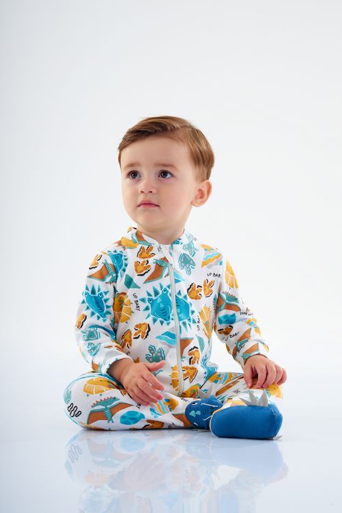 Macacão Dinos Longo para Bebê Menino em Suedine (Branco) Up Baby