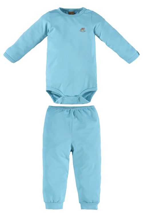 Pijama com Body Manga Longa e Calça Unissex para Bebê (Azul) Up Baby