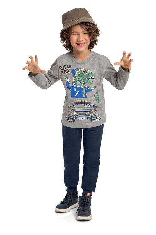 Camiseta Infantil Dino Menino (Cinza) Quimby