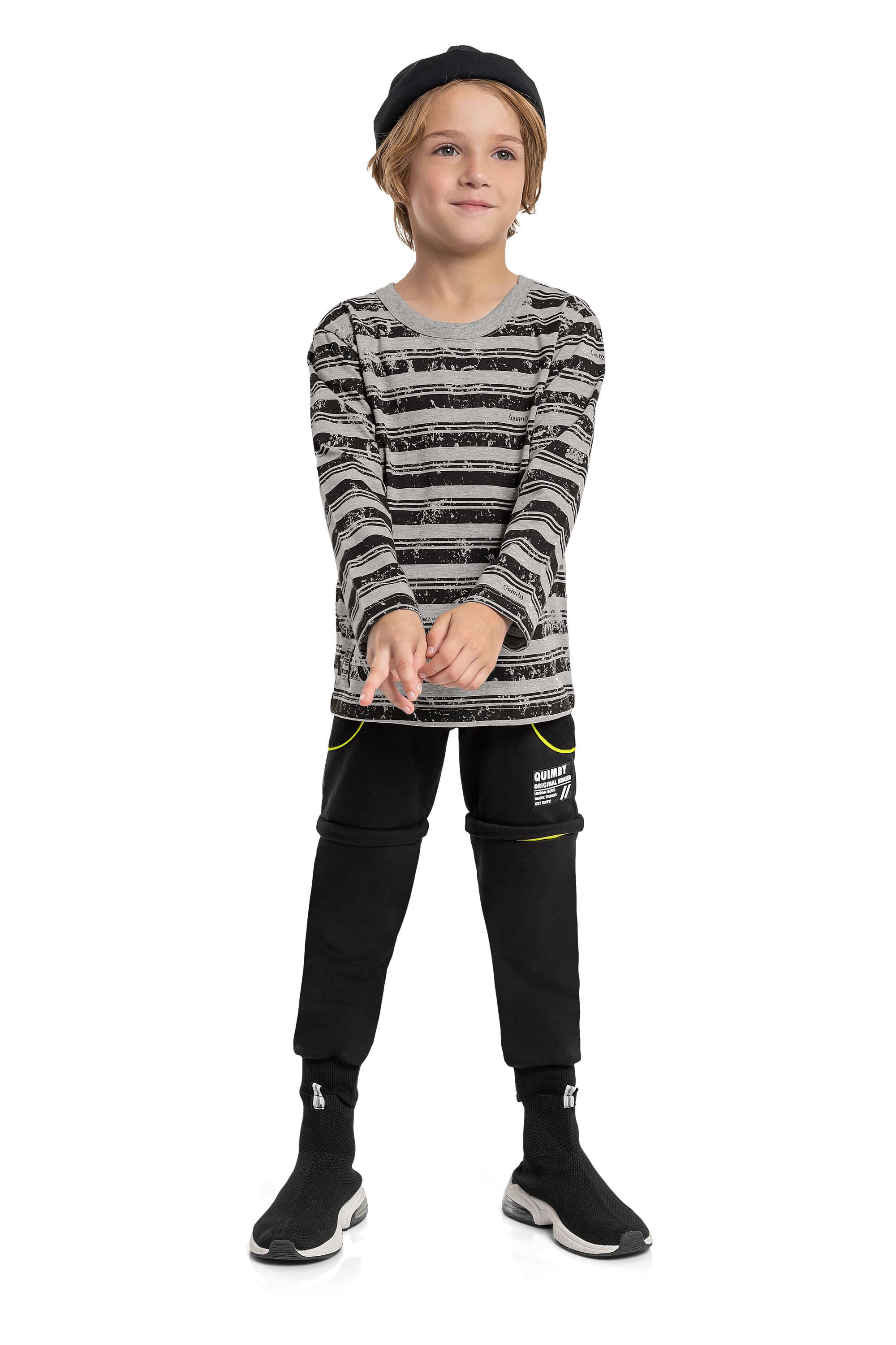 Camiseta Manga Longa Listrada Infantil (Cinza) Quimby