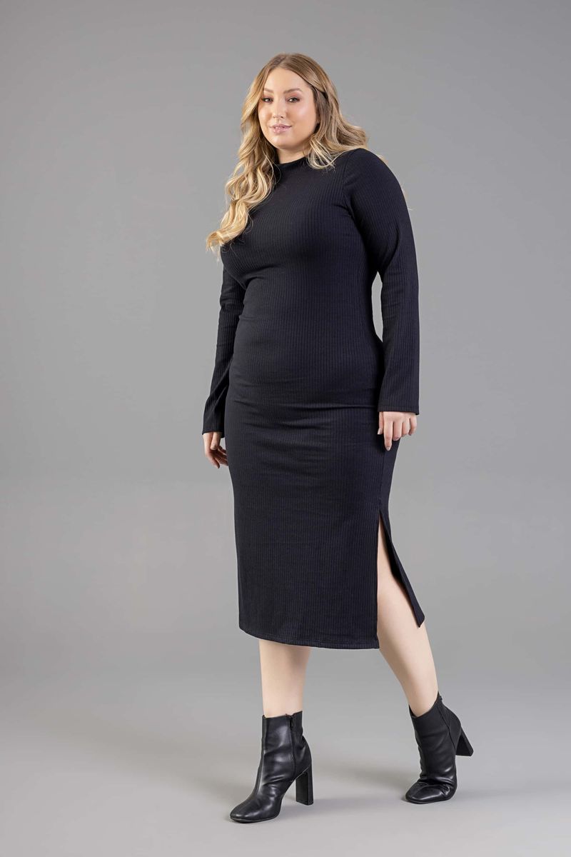 Just-Basic---Vestido-Adulto-de-Manga-Longa-em-Ribana-Canelada-Preto