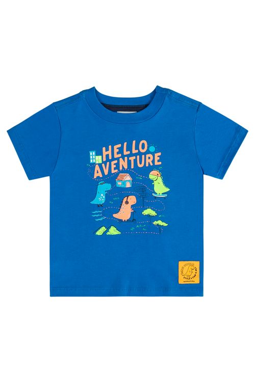 Camiseta Hello Aventure de Manga Curta Infantil Masculino (Azul) Quimby