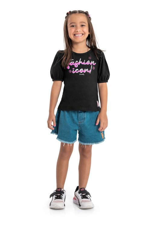 Blusa Fashion Icon Manga Curta Infantil (Preto) Quimby