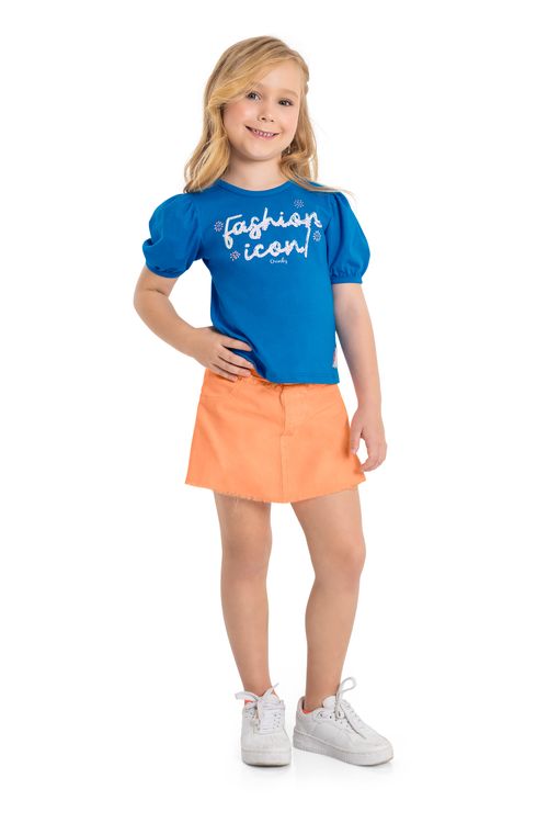 Blusa Fashion Icon Manga Curta Infantil (Azul) Quimby