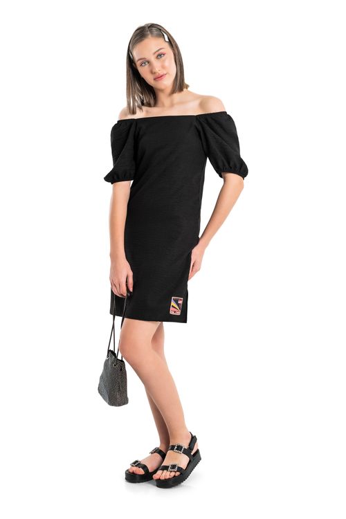 Vestido Juvenil com Manga Bufante (Preto) Gloss