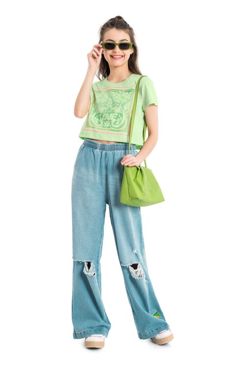 Blusa Cropped Manga Curta em Meia Malha (Verde Claro) Gloss