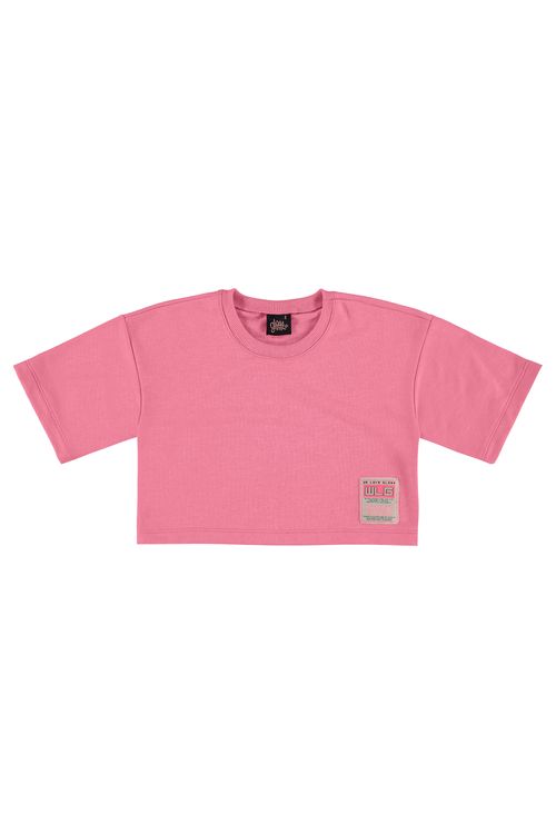 Blusa Básica Manga Curta Cropped em Moletom (Rosa Pink) Gloss