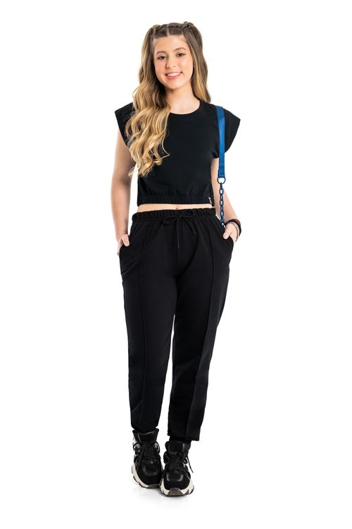 Blusa Cropped Manga Curta Juvenil Feminina (Preto) Gloss