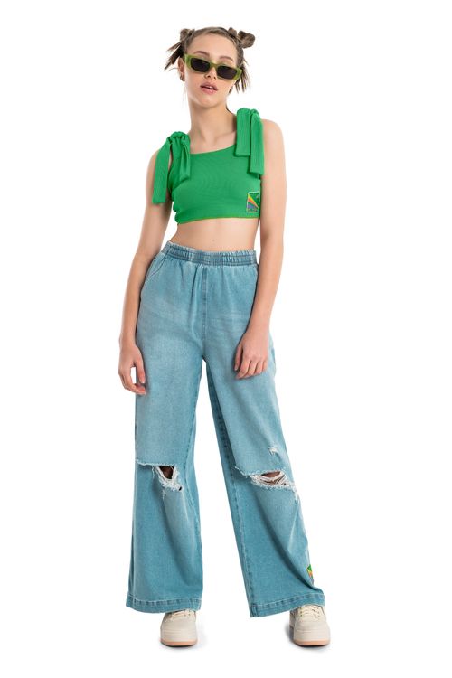 Top Cropped Básico Juvenil em Ribana (Verde) Gloss