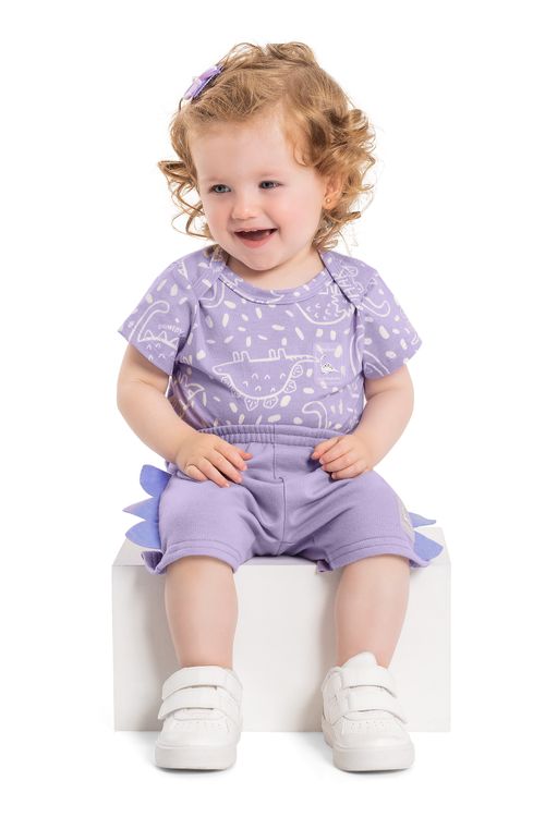 Body Feminino Curto de Dinos para Bebês (Roxo) Quimby