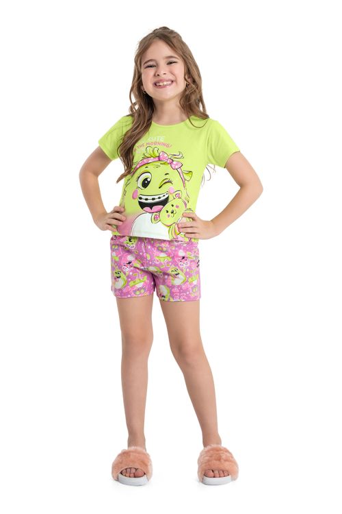 Pijama Infantil Feminino com Blusa e Short em Meia Malha (Verde Claro) Quimby