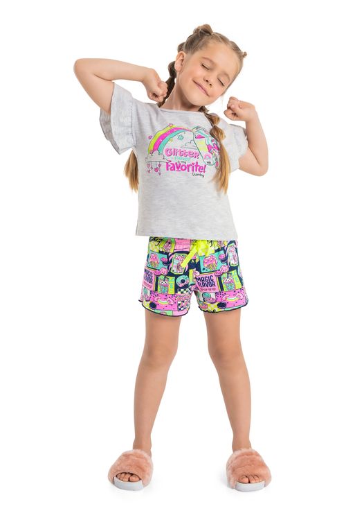 Pijama com Blusa e Short Infantil Feminino em Meia Malha (Cinza Claro) Quimby