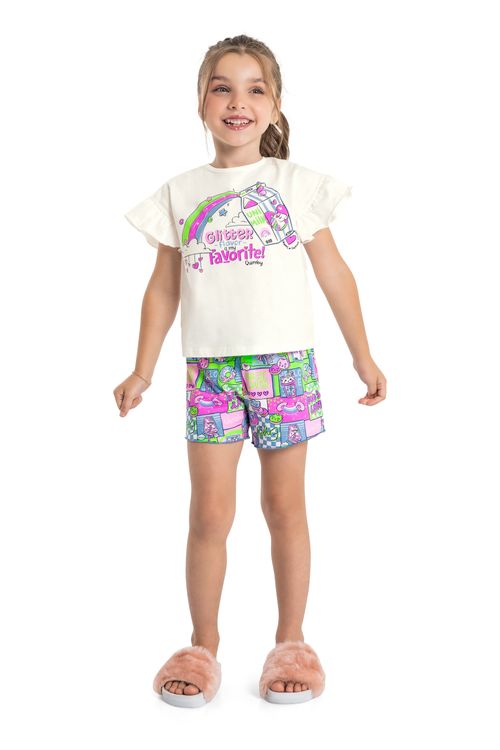 Pijama com Blusa e Short Infantil Feminino em Meia Malha (Bege) Quimby