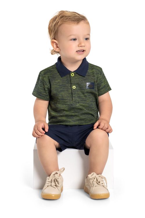 Conjunto com Camisa Polo e Bermuda em Sarja para Bebês (Verde) Quimby