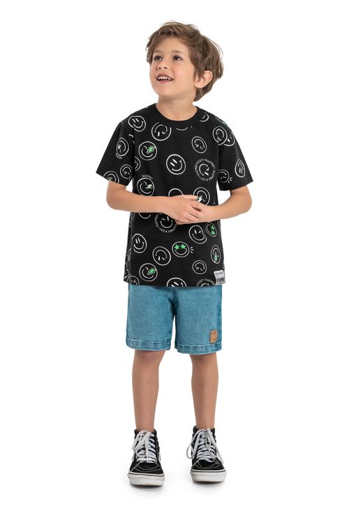 Camiseta Infantil de Emojis em Meia Malha (Preto) Quimby