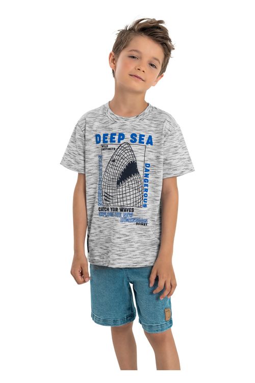 Camiseta Deep Sea Manga Curta Infantil para Meninos (Cinza Claro) Quimby