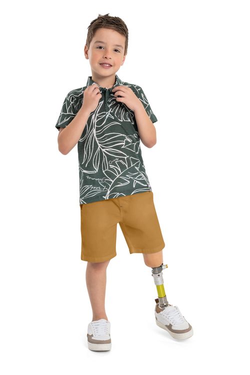 Conjunto Infantil com Camisa Polo e Bermuda em Sarja para Meninos (Verde) Quimby