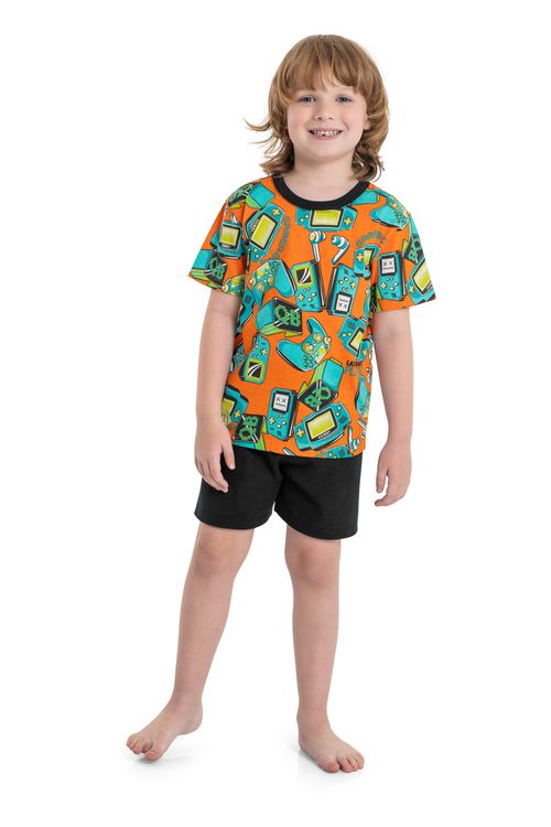 Pijama com Camiseta e Bermuda Masculina Infantil em Meia Malha (Laranja) Quimby