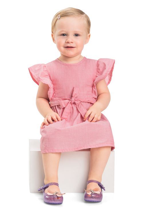 Vestido em Tricoline Bebê Menina (Rosa) Quimby