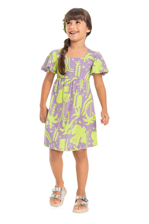 Vestido Evasê Estampado Infantil (Roxo) Quimby