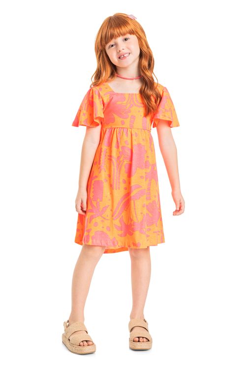 Vestido Evasê Estampado Infantil (Laranja) Quimby