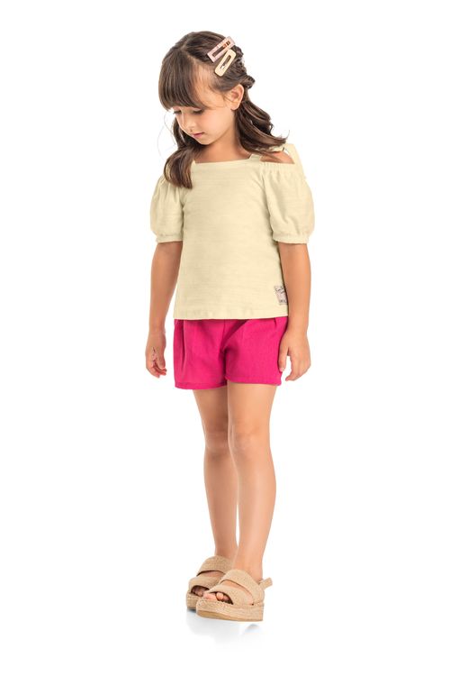 Conjunto Bata e Short em Linho Infantil (Off White) Quimby