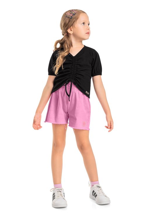 Blusa Manga Curta Infantil Menina (Preto) Quimby