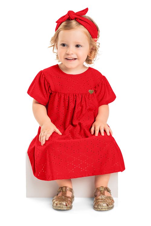 Vestido e Faixa em Laise para Bebê (Vermelho) Quimby