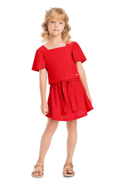 Conjunto Blusa e Short-Saia em Laise Infantil (Vermelho) Quimby