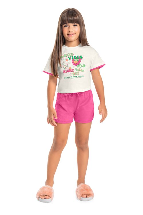 Pijama Infantil com Cropped e Short (Off White) Quimby