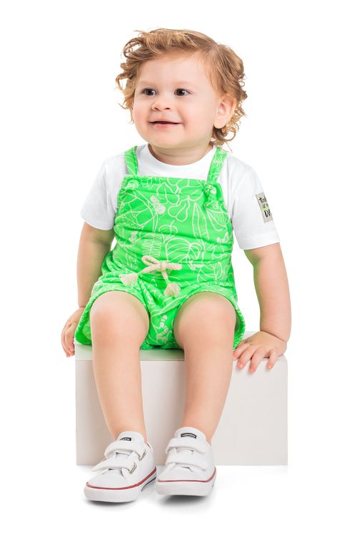 Conjunto com Camiseta e Jardineira Estampada para Bebê (Branco) Quimby